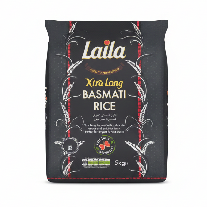 Bag of Laila Xtra Long Basmati Rice on a white background