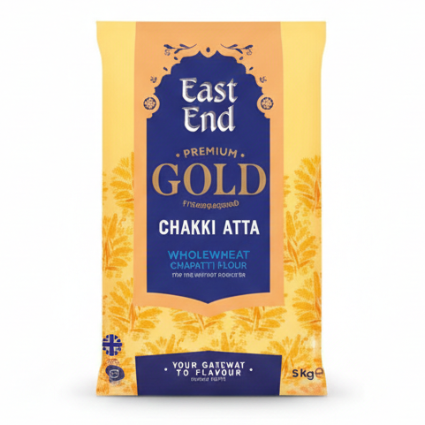 Packaged product of East End Gold Chakki Atta on a white background