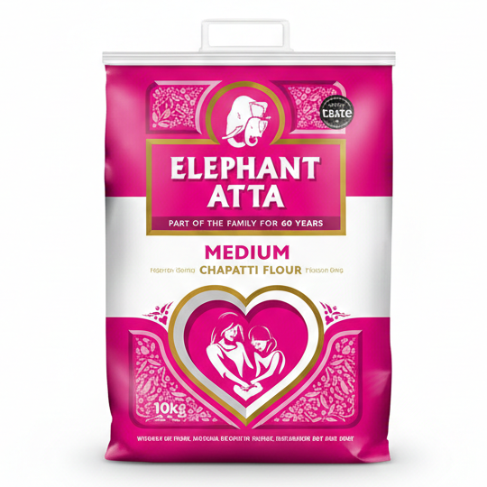 Bag of Elephant Atta medium chapatti flour on a white background