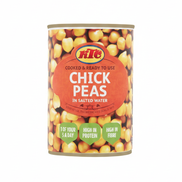 Can of KTC chick peas on a white background