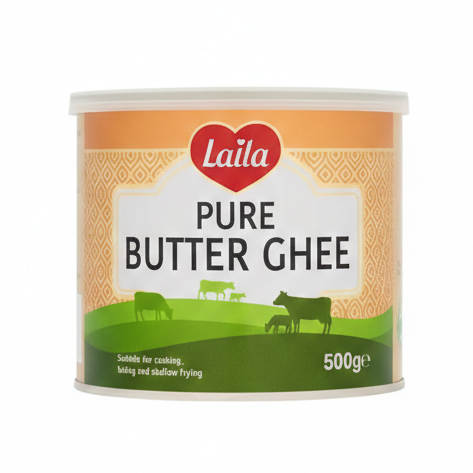 Can of Laita Pure Butter Ghee on a white background