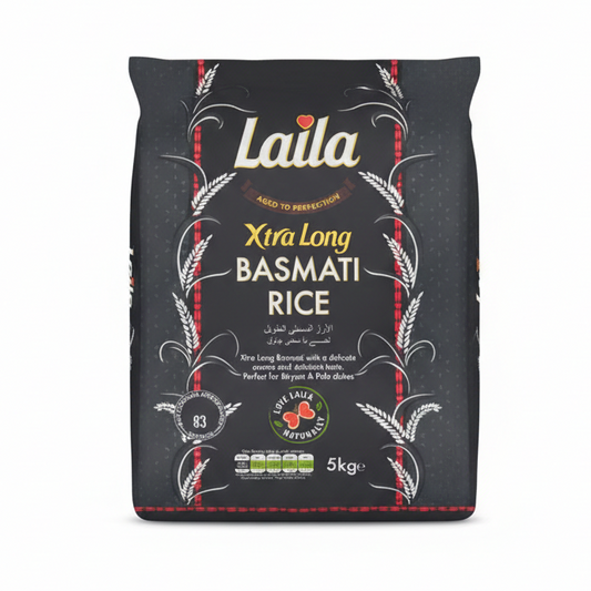Bag of Laila Xtra Long Basmati Rice on a white background